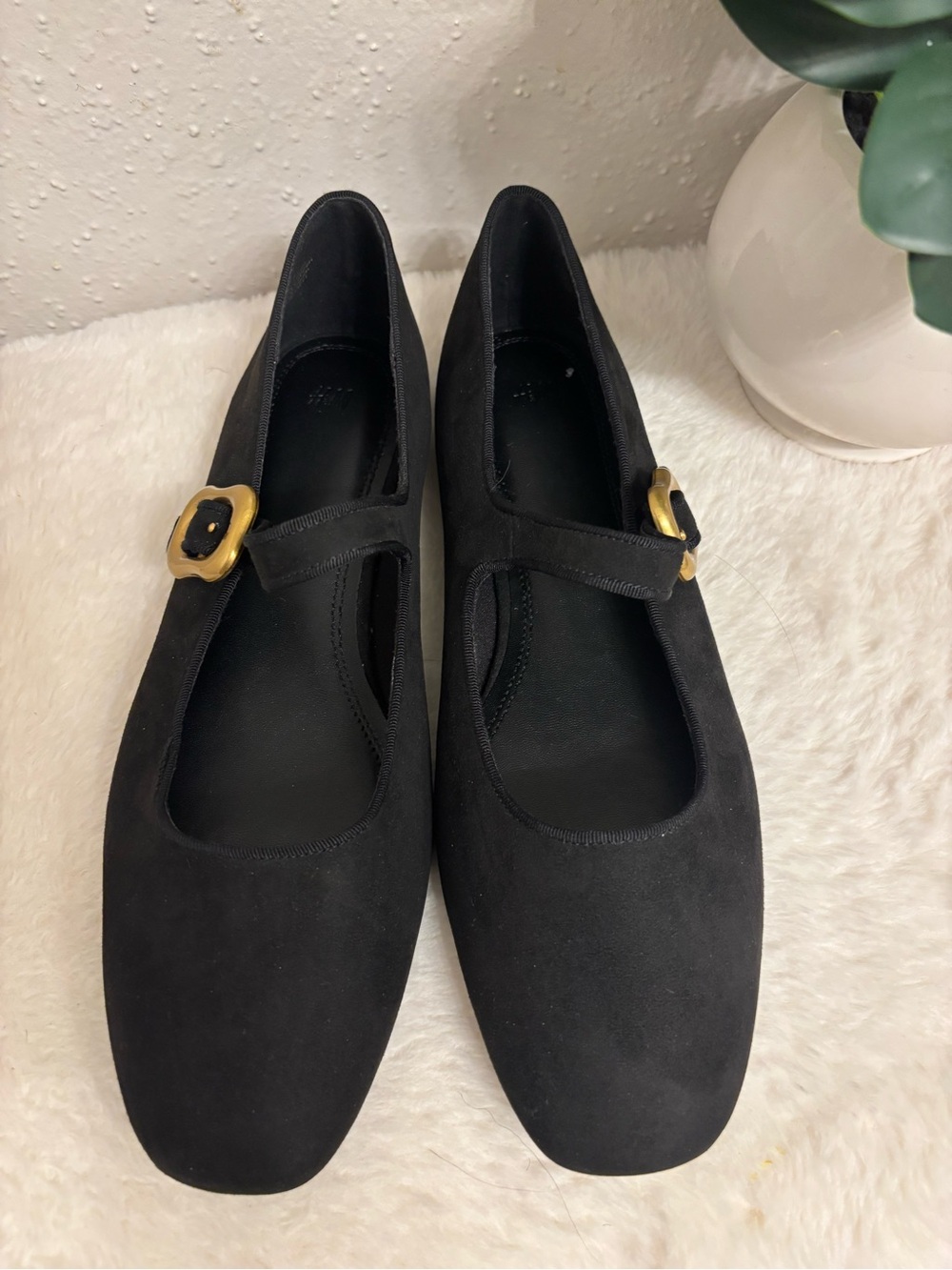 H&M Black Suede Mary Jane Flats with Gold Buckles